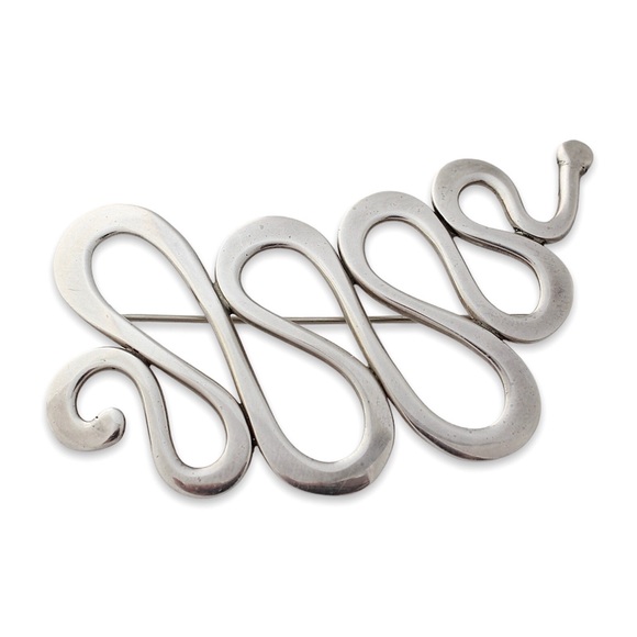 Vintage Sterling Silver Snake Brooch Large Curvy Serpent Abstract Modernist - Picture 1 of 4